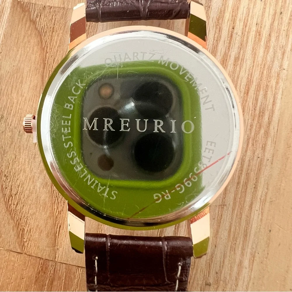 NIB Mreurio mens rose gold tone brown leather dress watch NEW BATTERY